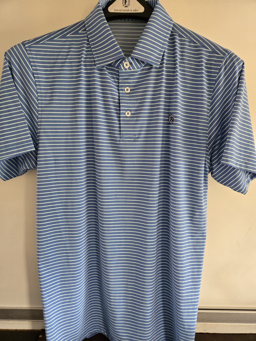 Draddy Sport/ Blue & White Stripe Polo Shirt with Embroidered Logo
